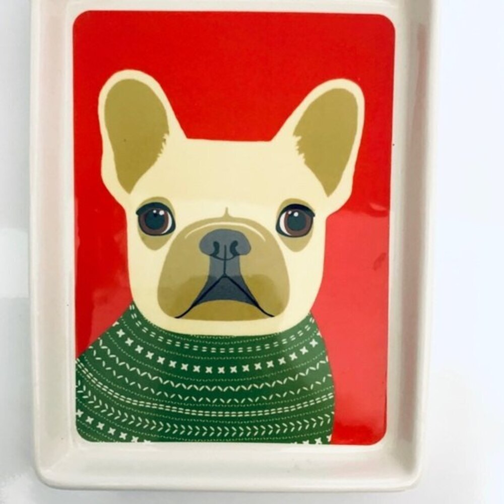 Magenta M Stamped Trinket Tray Frenchie Pug in A Sweater Dog Trinket Tray Dish - Picture 2 of 3